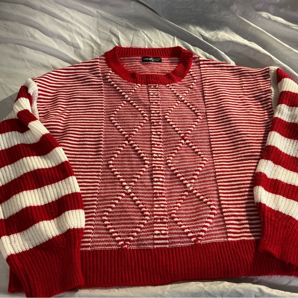 SHEIN Red and White Striped Diamond Knit Sweater